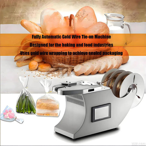 Top Tier Automatic Twist Tie Machine For Food Sealing Bread And Candy Bundling Plus Wire Harness Binding Tool With Durable Aluminum Build and Smooth High Power Transformer Operation, side view with gold wire and packaged food.