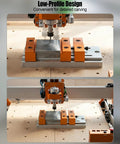 Compact Aluminum Alloy Bench Vise Featuring Slick Low Profile Build Dead Simple Setup Rock Solid Grip For CNC Engraving Machines in use with CNC router.