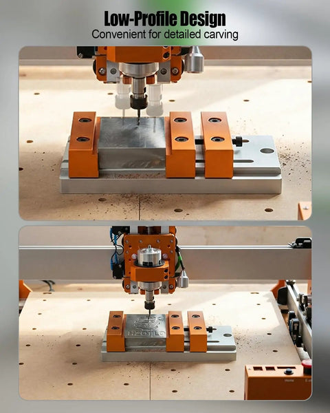 Compact Aluminum Alloy Bench Vise Featuring Slick Low Profile Build Dead Simple Setup Rock Solid Grip For CNC Engraving Machines in use with CNC router.