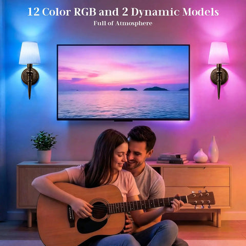 NICOLONOR Battery Operated Wall Sconces Set of 2, Wireless Wall Lights with 12 RGB Colors and 3CCT Dimmable in a cozy living room setting.