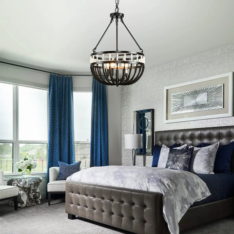 Boho Beaded Chandelier With Five Lights 16 Inch Black And White Modern Farmhouse Wood Bead Pendant Lighting in bedroom setting