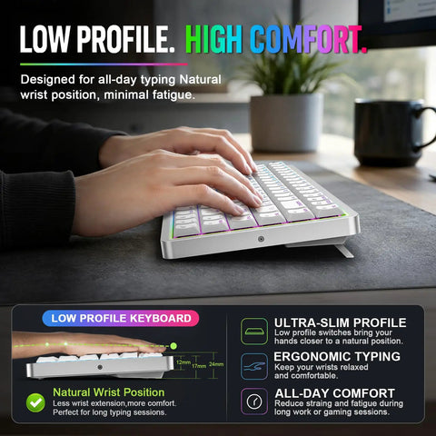 Low-Profile 75 Mechanical Keyboard With Aluminum Frame And Hot-Swappable Switches Features shine-through PBT keycaps and ergonomic design.