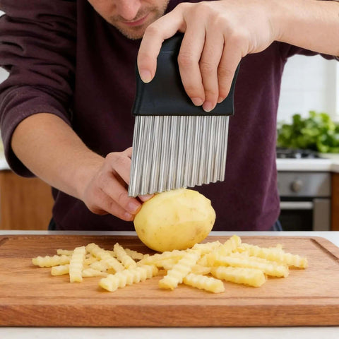 Black-handled potato cutter with stainless steel comb blades slicing a potato into fries on a wooden cutting board