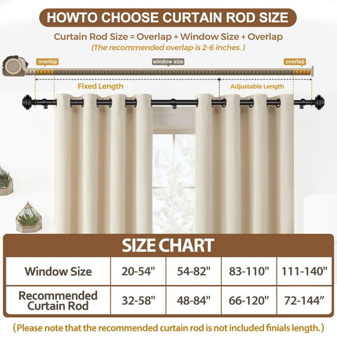 Size chart for Heavy Duty Curtain Rod Set For Windows 72 To 144 Inches 7/8 Inch Adjustable Drapery Rods With Modern Finials.