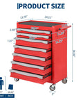 Side view of red Seven Drawer Rolling Tool Chest With Lock Heavy Duty Modular Steel Toolbox Large Capacity Mobile Storage