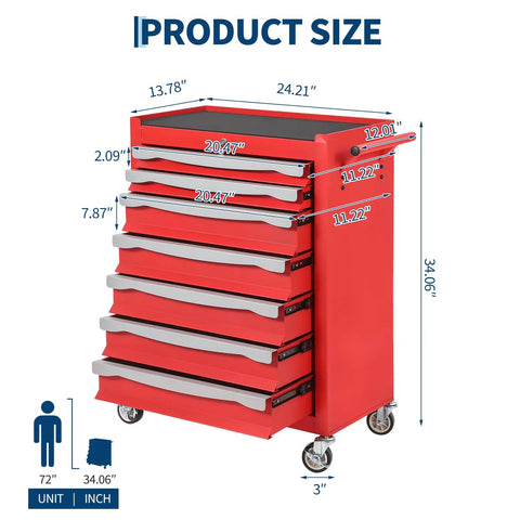 Side view of red Seven Drawer Rolling Tool Chest With Lock Heavy Duty Modular Steel Toolbox Large Capacity Mobile Storage