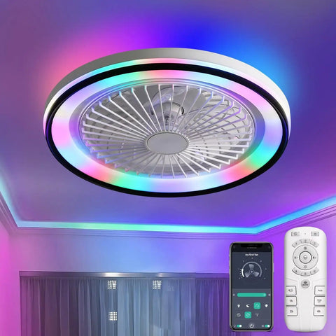 19 Inch Enclosed Bladeless Flush Mount Ceiling Fan with RGB Dimmable Light, 6 Speed Reversible Quiet Fan with Remote Control.