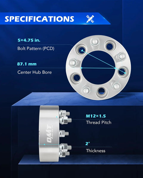 Diagram showing 5 By 4.75 Wheel Spacers Kit 2 Inch With M12x1.5 Studs for Chevy Camaro with specifications labeled