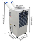 Heavy Duty 18700 BTU Mobile Industrial Air Conditioner With Smart Digital Interface And Dual Cooling Ducts For Quick Indoor Outdoor Job Site Cooling 110V No Fuss Portable Spot Cooler dimensions labeled on image.
