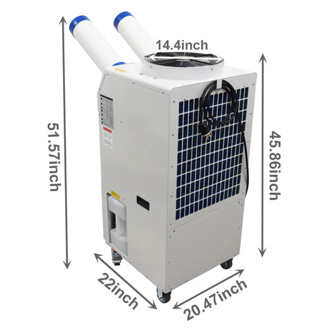 Heavy Duty 18700 BTU Mobile Industrial Air Conditioner With Smart Digital Interface And Dual Cooling Ducts For Quick Indoor Outdoor Job Site Cooling 110V No Fuss Portable Spot Cooler dimensions labeled on image.