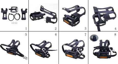 Set of toe clip straps for bike pedals, universal fit cycling toe cages for MTB and road bikes, lightweight nylon, multiple angles