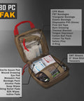 Everlit 180-piece tactical first aid kit in tan MOLLE EMT pouch with red handle and visible medical supplies.