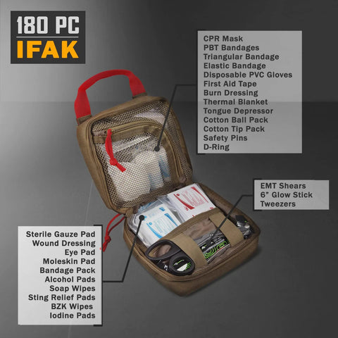 Everlit 180-piece tactical first aid kit in tan MOLLE EMT pouch with red handle and visible medical supplies.