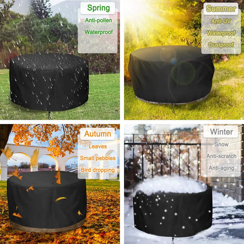 48 Inch Fire Pit Cover For 45 To 48 Inch Round Fire Pits Waterproof Windproof Dustproof UV Resistant Heavy Duty Outdoor Patio Shield Fits Most Fire Pit Tables Black shown in seasonal conditions