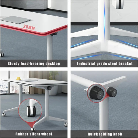 Built Tough Folding Computer Desk With Easy Rollin Locking Casters, showing sturdy load-bearing top and industrial steel bracket.