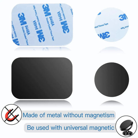 10 Piece Universal Magnetic Car Phone Mount Metal Back Plates In Matte Black showing non-magnetic metal plates with adhesive backing.