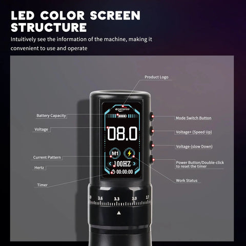 LED screen of Wireless Tattoo Pen Kit With 2000mAh Cordless Battery Pro Style Practice Set including buttons and display features