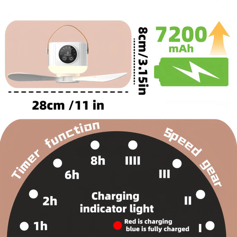 Rechargeable Portable Ceiling And Desk Fan With Light And Remote 11 Inch Camping RV Tent Fan dimensions and charging info