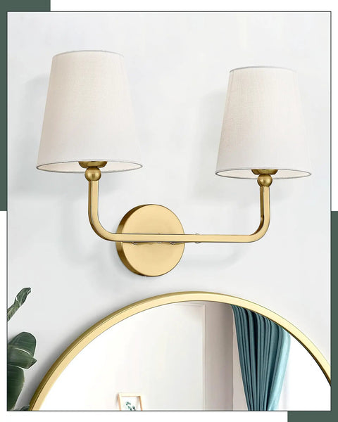 Gold Finish 2 Light Vanity Light Fixtures With Flared White Fabric Shade Modern Wall Sconces for hallway, VL837 GD