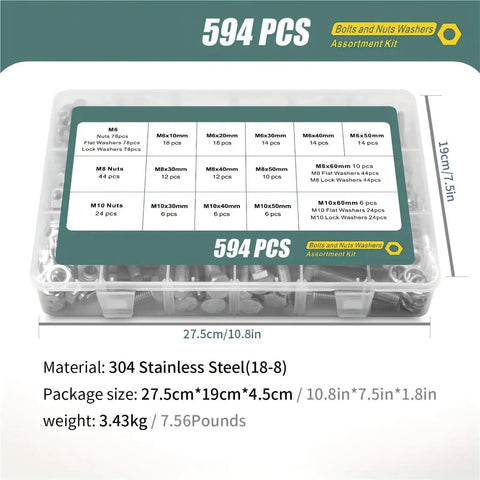 All Purpose Hex Bolt Kit M6 M8 M10 In 304 Stainless Steel, 1650 Piece Fastener Set For DIY Projects, Auto, Garage And Home Repairs, Heavy Duty Hardware Essentials. 594-piece box with M6 M8 M10 bolts and washers