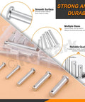 51 Piece Flat Head Clevis Pins Kit With 18 Sizes From M5 To M12 For Auto And DIY Projects Includes M5x25 To M12x50 Single Hole T Shape Round Pins For Link Hinge Applications Must-Have Heavy Duty Metal Fasteners displayed in open box with individual pins on surface