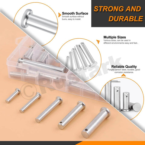 51 Piece Flat Head Clevis Pins Kit With 18 Sizes From M5 To M12 For Auto And DIY Projects Includes M5x25 To M12x50 Single Hole T Shape Round Pins For Link Hinge Applications Must-Have Heavy Duty Metal Fasteners displayed in open box with individual pins on surface