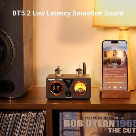 T9PRO 200W 2 1 Channel Tube Bluetooth DAC Stereo Amplifier With TPA3250 High Power Rich Warm Tone Bluetooth 5.2 USB Coaxial Optical RCA Inputs For Phones PC And HiFi Home Theater Audio Setup For Your Home Vibe, front view on shelf
