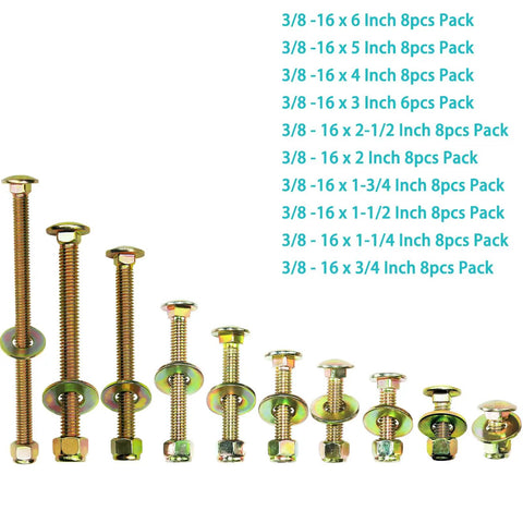 Eight pack of Three Eighths Inch By Six Inch Carriage Bolts With Square Neck And Nylon Lock Nuts, Large Washer Assortment Kit, Galvanized