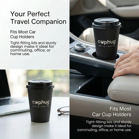 Heavy Duty 16 Oz Disposable Coffee Cups With Lids Sleeves And Straws 100 Pack Thickened Leak Proof Insulated Paper Cups in car holder