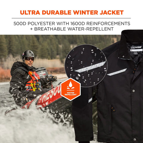 Water repellent feature of Heavy Duty Winter Work Thermal Jacket With 500D Nylon Shell Black X Large Up To Five Hours Of Warmth