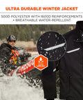 N-Ferno 6466 Workhorse Heavy Duty Winter Work Jacket, black, shown with water droplets to highlight water-repellent material.