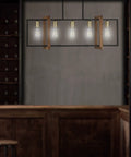 Farmhouse Rustic Five Light Gold Chandelier For Kitchen Island And Dining Room, wood lantern cage, black frame, E26 compatible