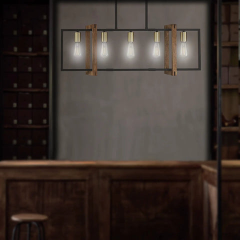 Farmhouse Rustic Five Light Gold Chandelier For Kitchen Island And Dining Room, wood lantern cage, black frame, E26 compatible