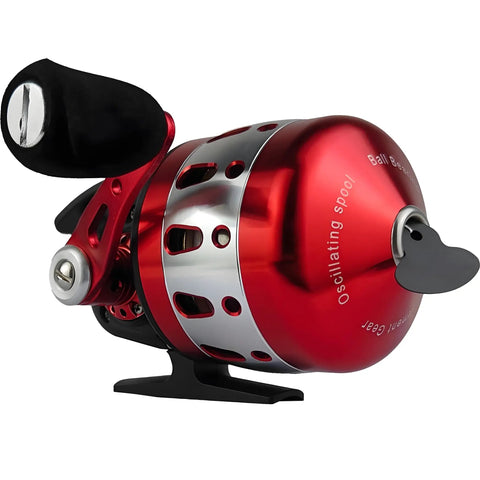 Red Bowfishing Spincast Reel for Slingshot Bow Left or Right Handed 3.6 to 1 Gear 76 Yards of 4 lb Line, All Metal Construction