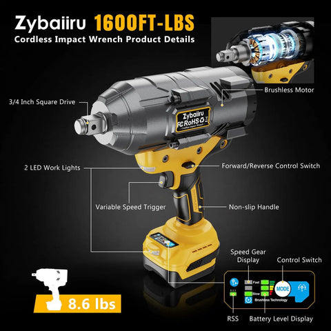 Pro Shop Three Quarter Inch Cordless Brushless Impact Wrench Delivering A Kickass 1600 Ft Lbs Of Serious Torque With A High Output Motor built with brushless motor and variable speed trigger.