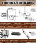 Electric Hot Air Coffee Roaster With Clear LCD Panel Auto Manual Modes, Compact 200G Bean Roasting Machine specifications diagram.