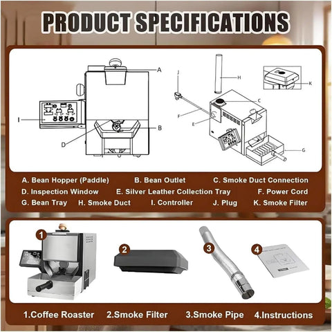 Straight Up Smooth 200g Automatic Coffee Roaster Machine For Home Kitchens Delivering No Sweat Smokeless Drum Roasting specifications diagram.