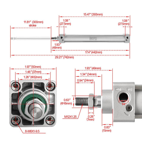 Diagram showing dimensions of Tie Rod Pneumatic Air Cylinder SC 40-300 With 40mm Bore And 300mm Stroke PT Quarter Inch Port.