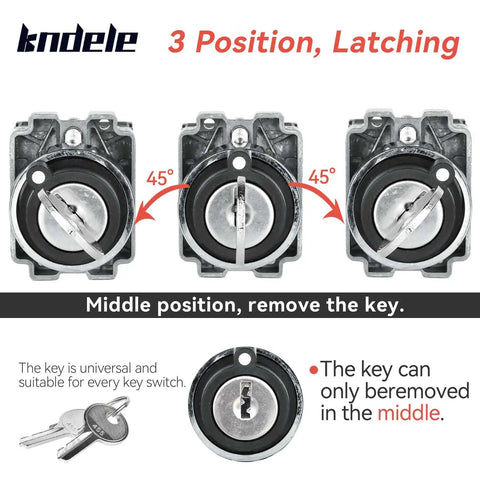 Rugged Seven Eighths Inch 3-Position Key Switch With DPDT 2NO, 10 Amp 690V, showing 3-position latching and middle key removal.