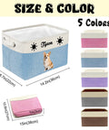 Personalized Pup Toy Bin With Name Foldable Blue Organizer For Dogs And Cats in five color options with dimensions shown