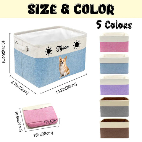Personalized Pup Toy Bin With Name Foldable Blue Organizer For Dogs And Cats in five color options with dimensions shown