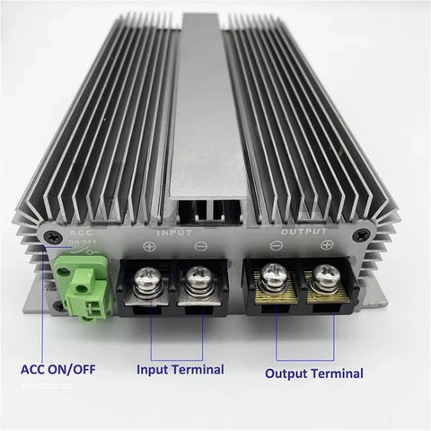 Heavy Duty DC DC EV Charger Boost Converter For Fast Charge On Lithium AGM Lead Acid Batteries showing input and output terminals.