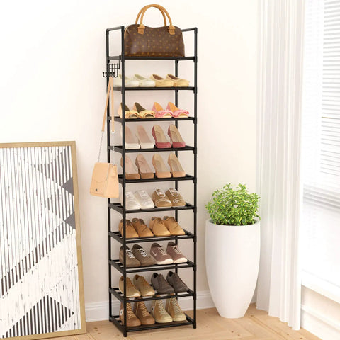 Narrow 10 Tier Shoe Rack For Small Spaces, Tall Entryway And Closet Organizer Holds 20 To 24 Pairs Shoes, Black Metal