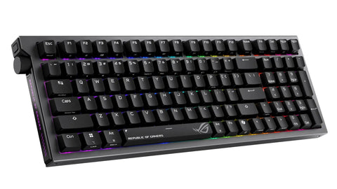 Game Ready 96 Percent Layout Wireless Mechanical Gaming Keyboard Featuring Hot Swappable Switches, side view with RGB lighting