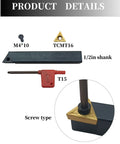 Front view of five-piece turning tool set: 1/2-inch shank carbide holder, TCMT16 inserts, red T15 clamp, M4 screws; insert mounted