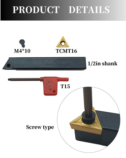 Front view of five-piece turning tool set: 1/2-inch shank carbide holder, TCMT16 inserts, red T15 clamp, M4 screws; insert mounted