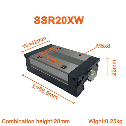 SSR20XW SSR20 Linear Guide Block And Rail Carriage with dimensions, 42mm width, 66.5mm length, for CNC and 3D printer