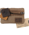 Slim Waxed Canvas EDC Pocket Pouch With Leather Accents, Compact Zippered Tool Case For Camping And Everyday Carry in fatigue finish.