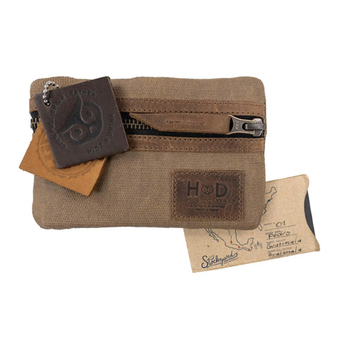 Slim Waxed Canvas EDC Pocket Pouch With Leather Accents, Compact Zippered Tool Case For Camping And Everyday Carry in fatigue finish.