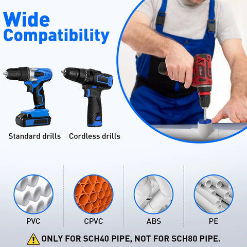 Easy Grip PVC Pipe Reamer With Aluminum Head Fitting Saver And Socket Saver For Water Drain And Vent Lines In One And A Half Inch And Two Inch Sizes DIY Friendly Pro Grade Plumbing Tool For Quick Clean Cuts used with drill and PVC pipes